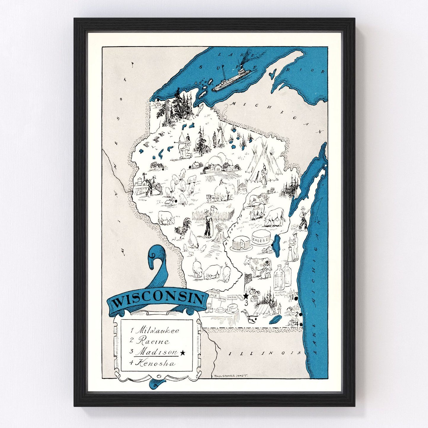 Vintage map of Wisconsin state, 1931, interwar era restored