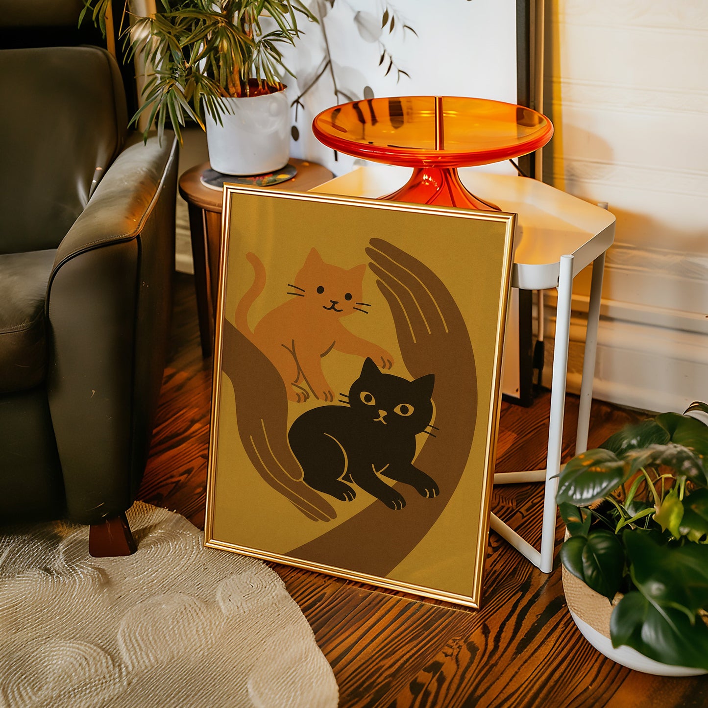 Two Cats Embrace Minimalist Cat Wall Art Print