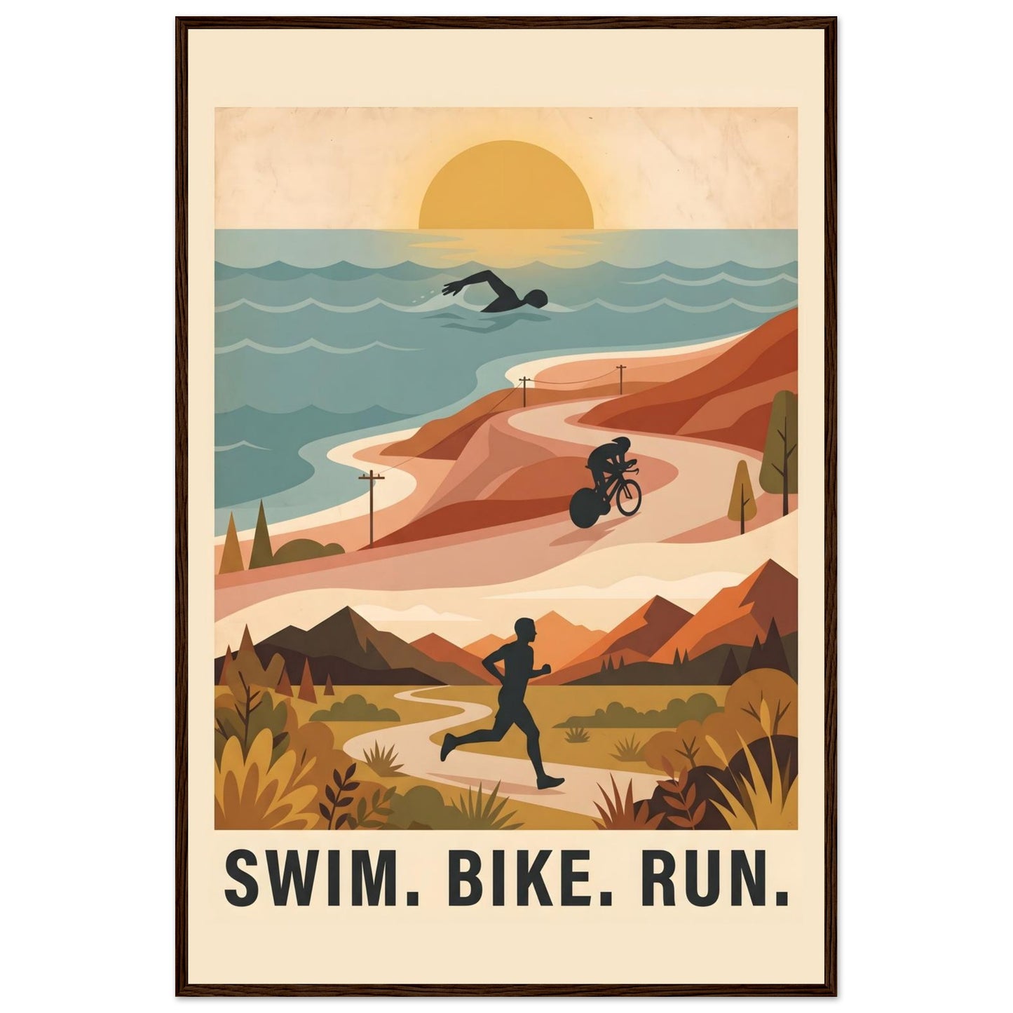 Triathlon Poster: Retro Swim Bike Run Framed Wall Art - 60x90 cm / 24x36″ - Dark wood frame / Ready-to-hang - Sparkycare