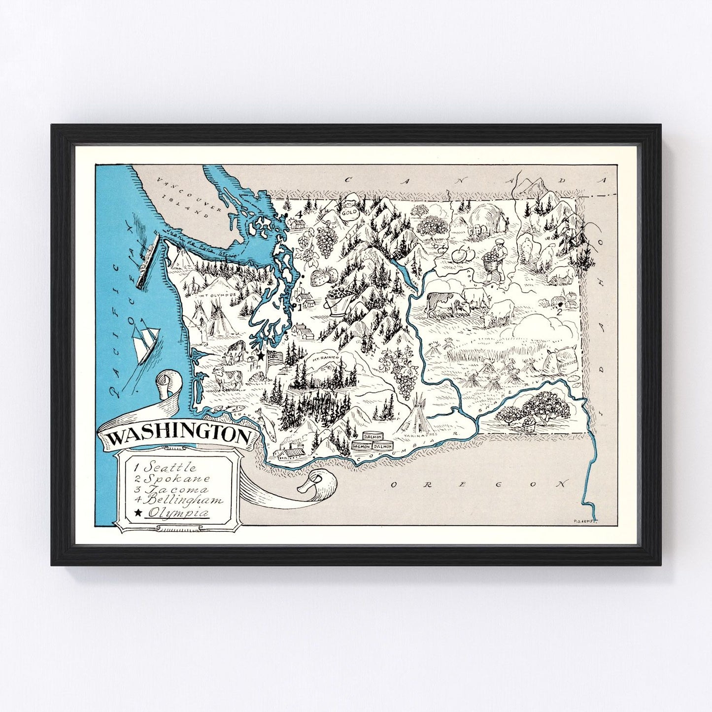 Vintage map of Washington State, 1931, showing Pacific Northwest counties and mountain terrain