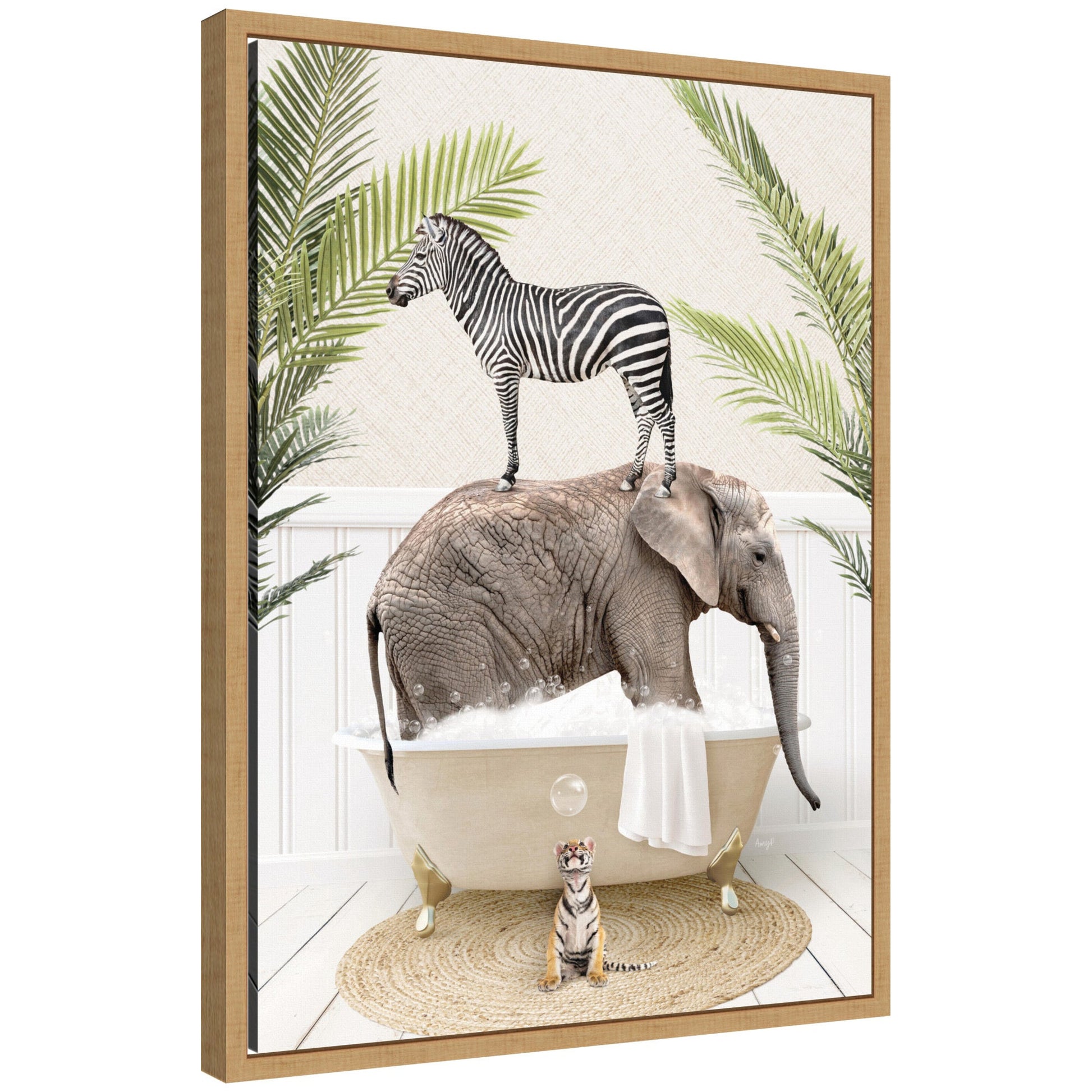 Funny safari animals in a palm bath framed canvas wall art