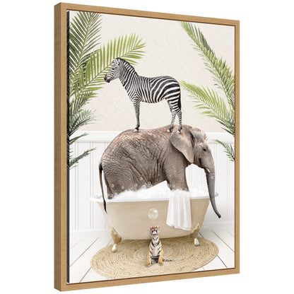 Funny safari animals in a palm bath framed canvas wall art