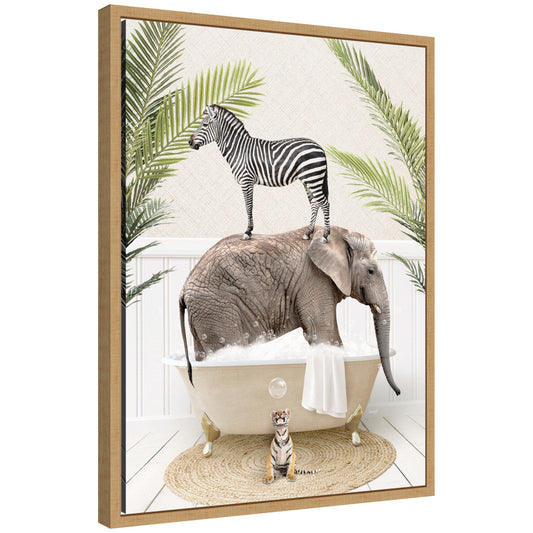 Funny safari animals in a palm bath framed canvas wall art