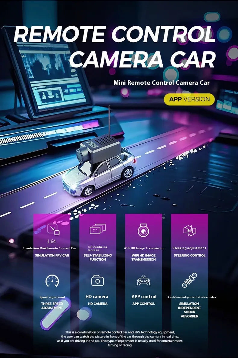 Remote control camera car with app version on a digital interface background