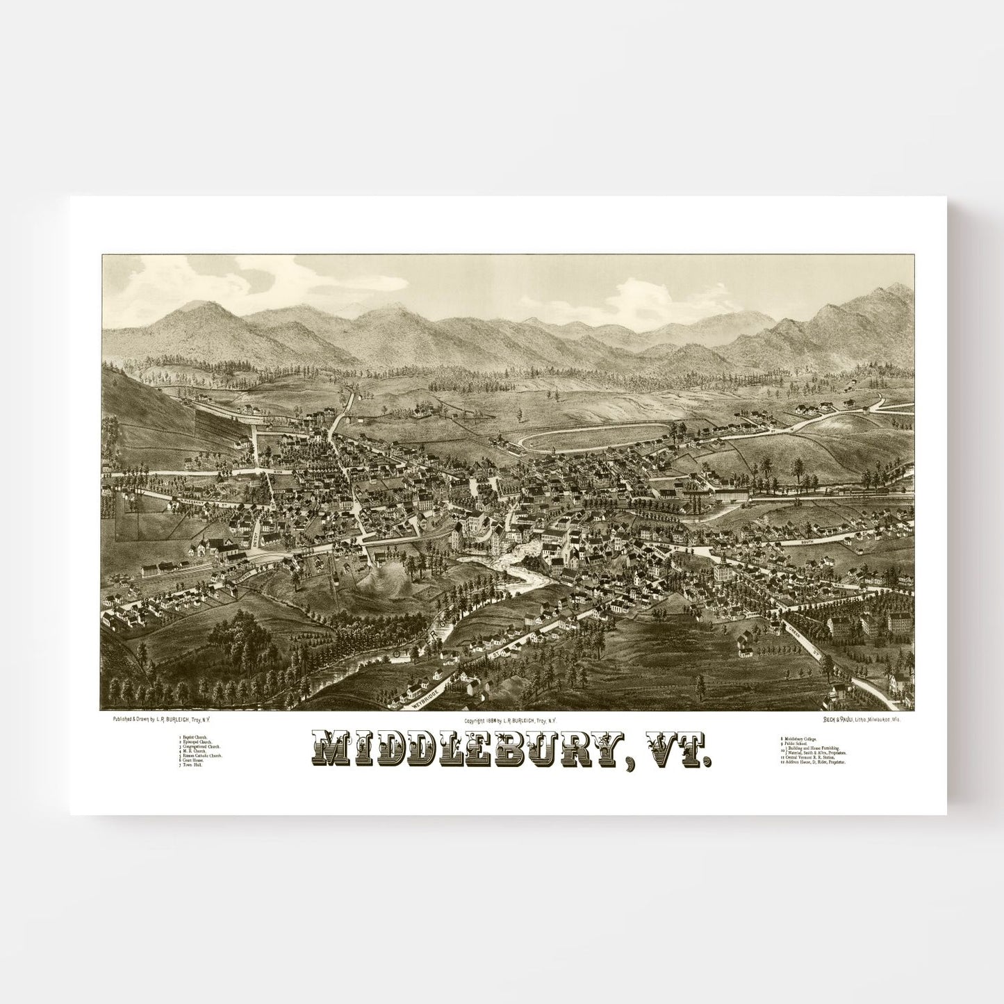 Vintage Map of Middlebury, Vermont, 1886