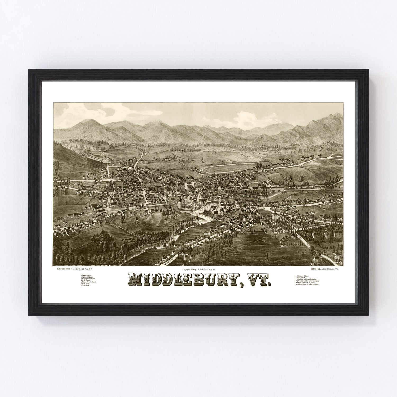 vintage map of Middlebury, Vermont, 1886