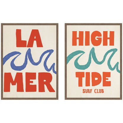 La Mer and High Tide surf club framed canvas wall art set in walnut frames, ready to hang