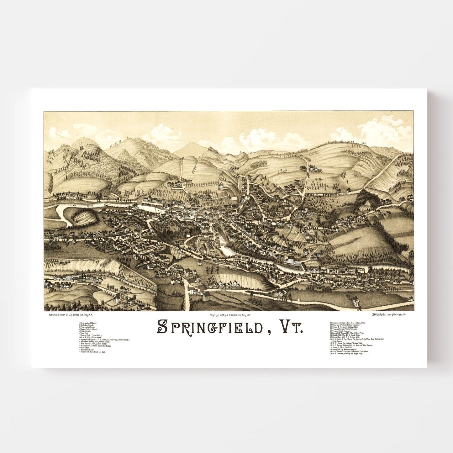Vintage Map of Springfield, Vermont, 1886