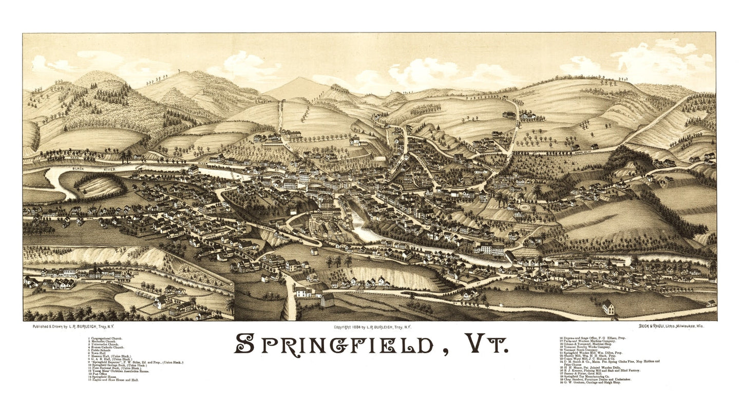 Vintage Map of Springfield, Vermont, 1886