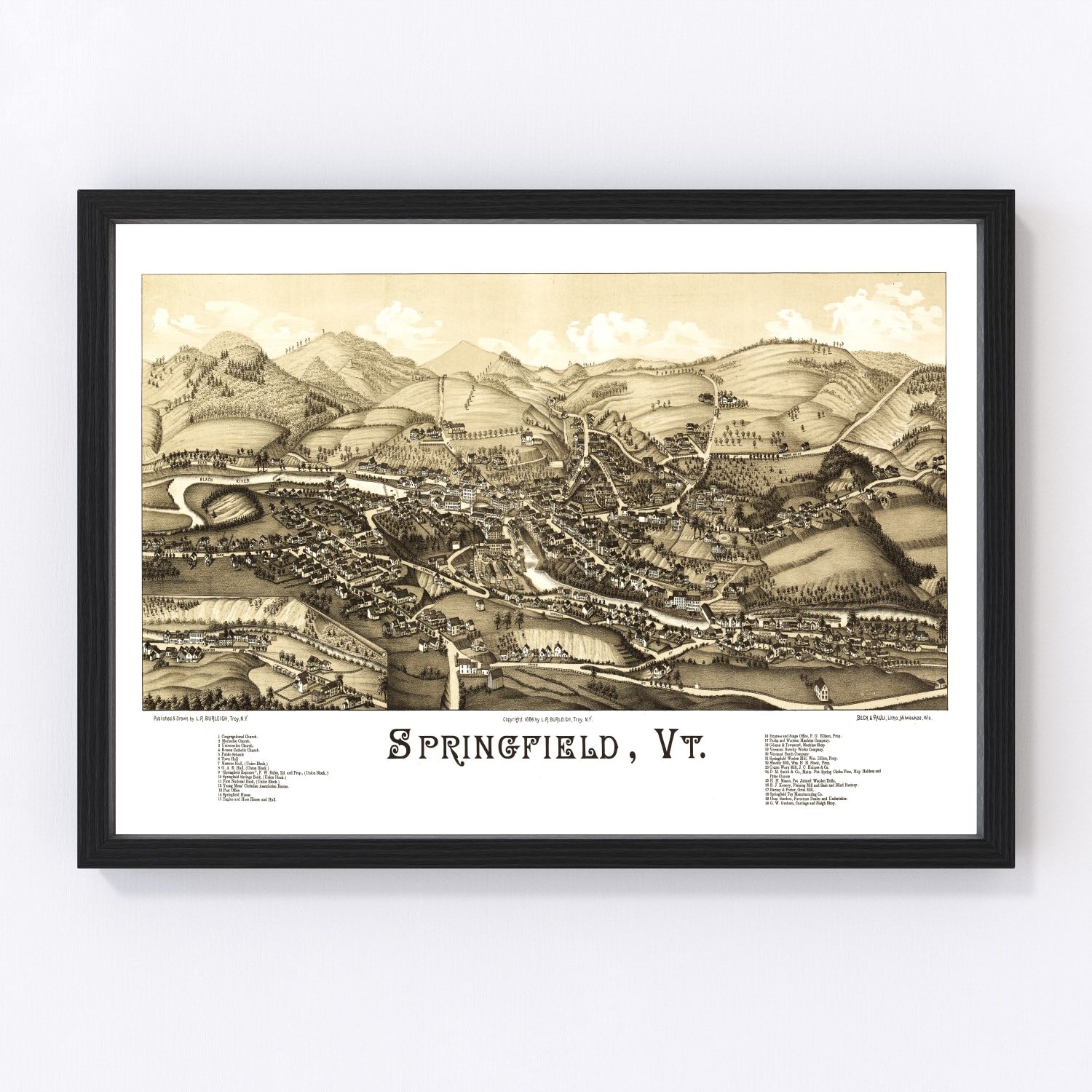 vintage map of Springfield, Vermont, 1886