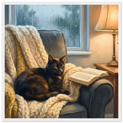 Cozy Cat Reading Poster - The Finishing Touch Your Reading Nook Needs - 50x50 cm / 20x20″ - White frame / Ready-to-hang - Sparkycare