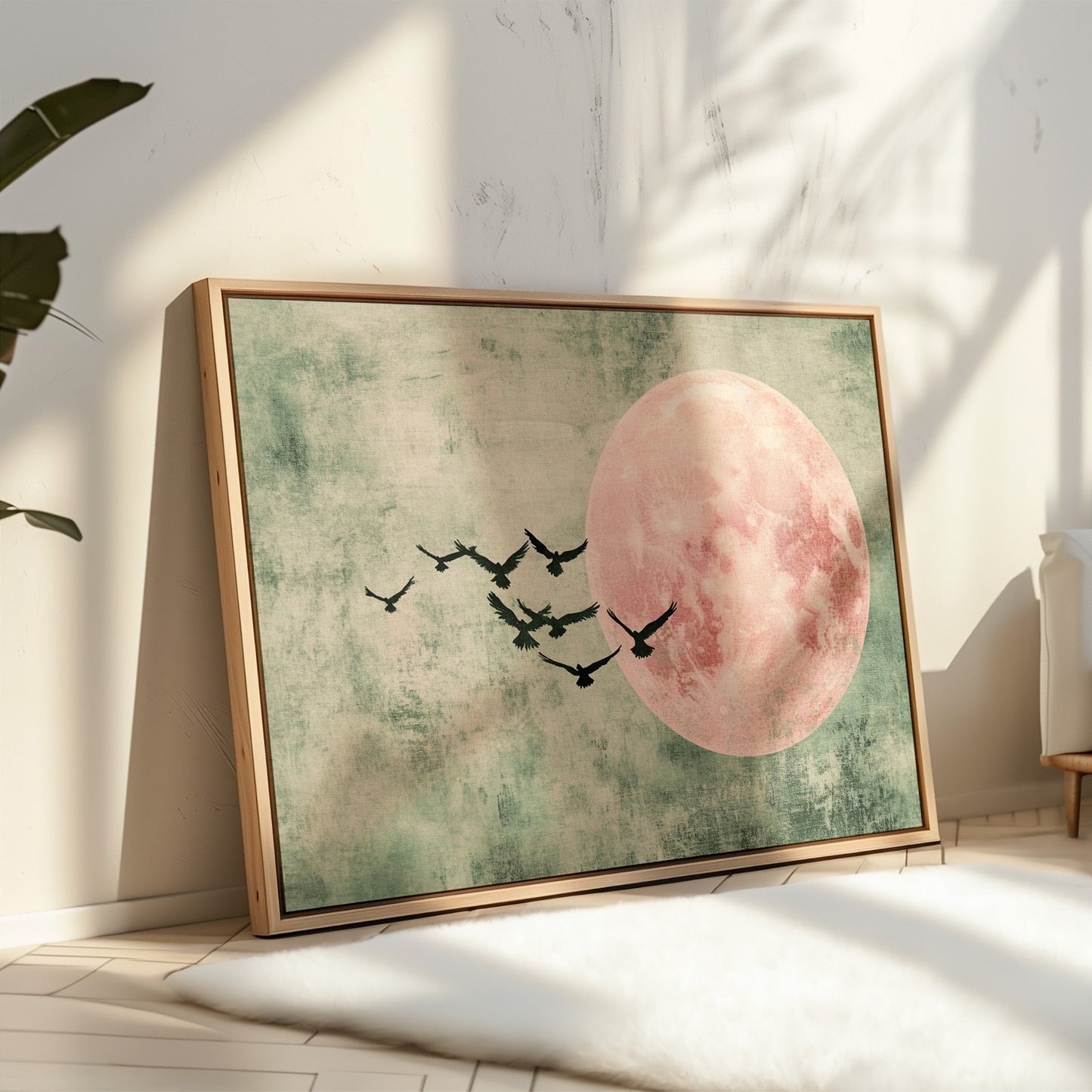 Pink Moon Wall Art - Minimalist Birds in Flight Print