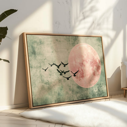 Pink Moon Wall Art - Minimalist Birds in Flight Print