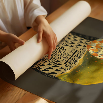 Stylized Owl Wall Art - Golden Feather Bird Print