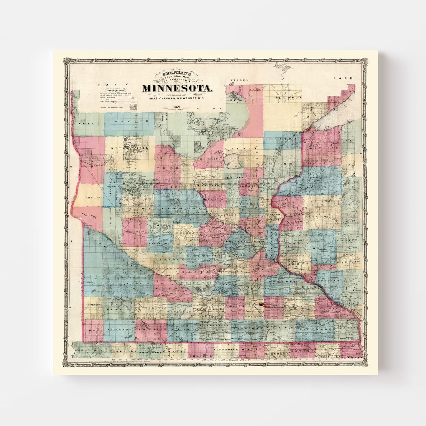 Vintage Map of Minnesota, 1868