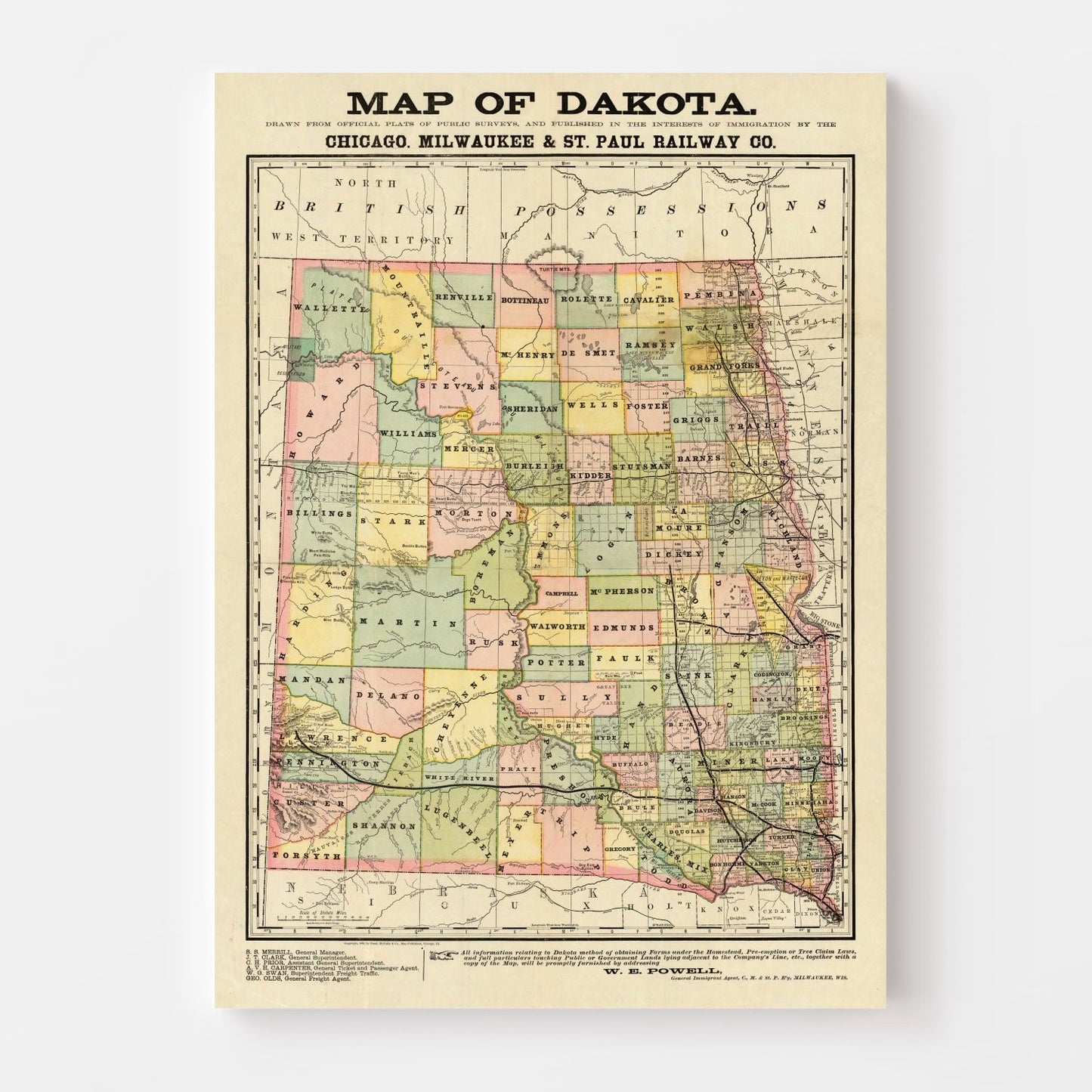 Vintage Map of Dakota Territory, 1882