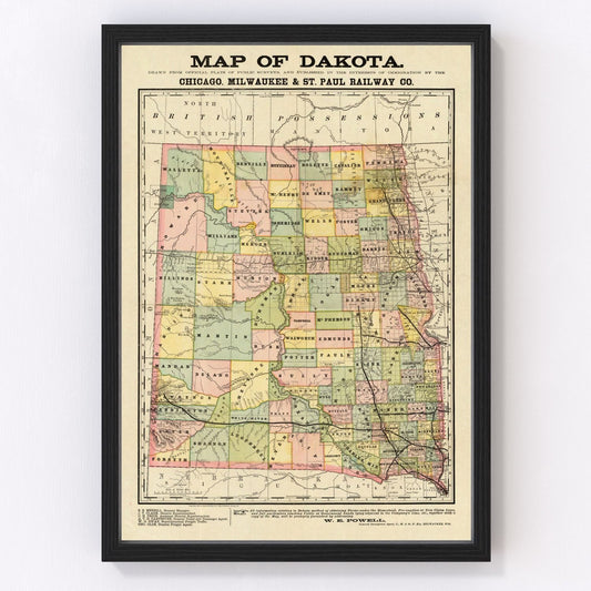 Vintage map of Dakota Territory, 1882