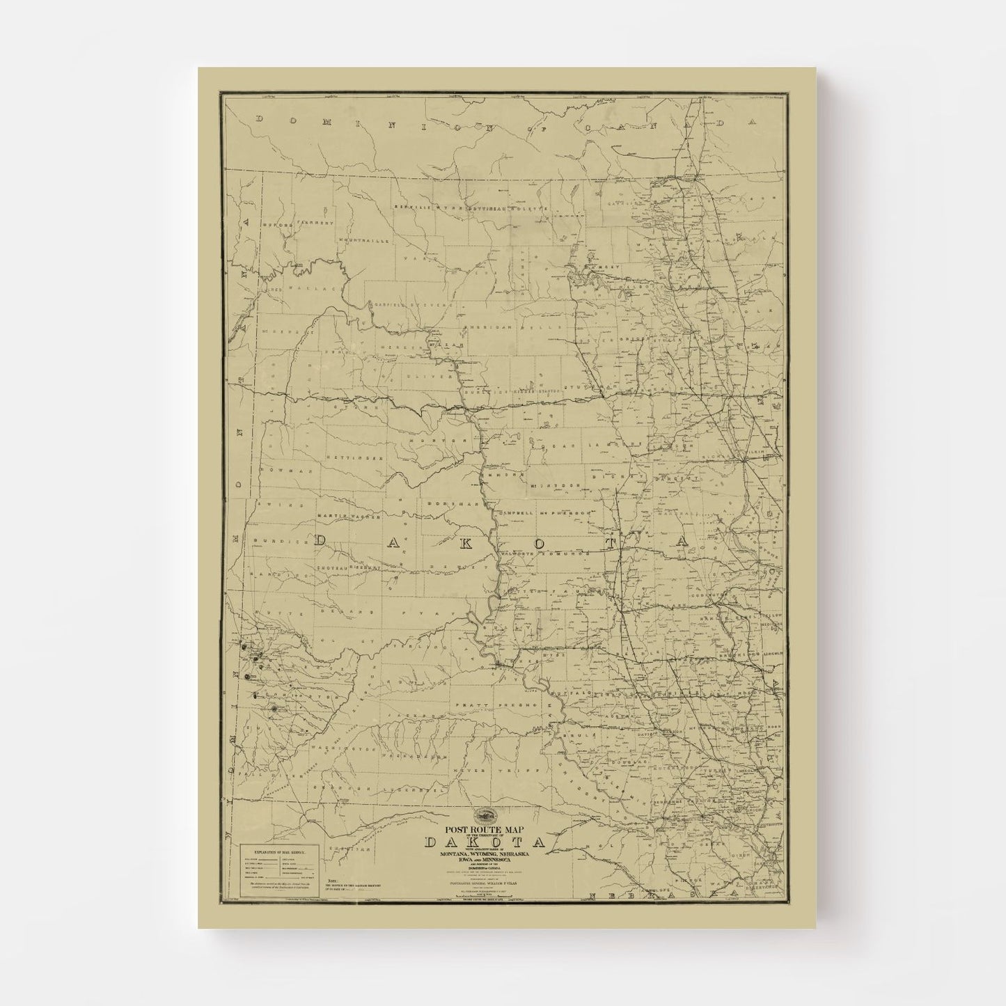 Vintage Post Route Map of Dakota Territory, 1885