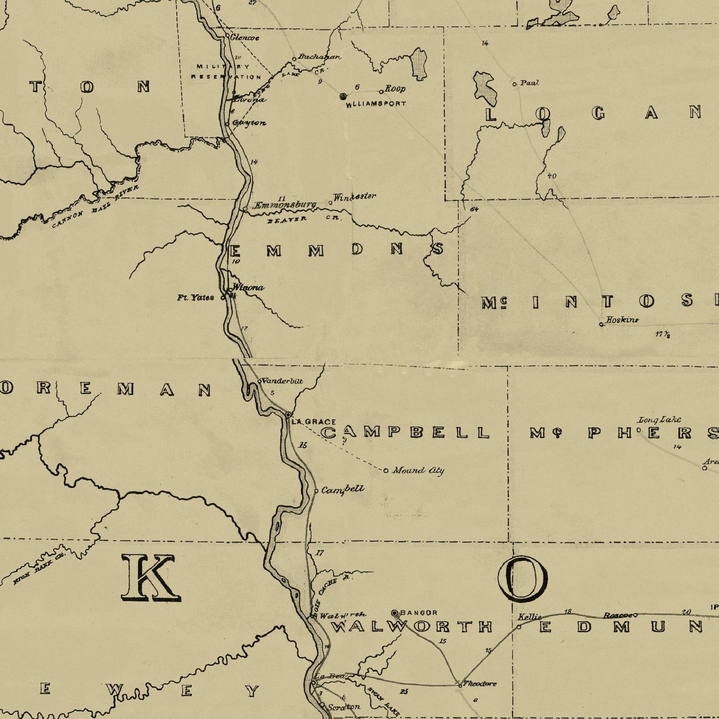 Vintage Post Route Map of Dakota Territory, 1885