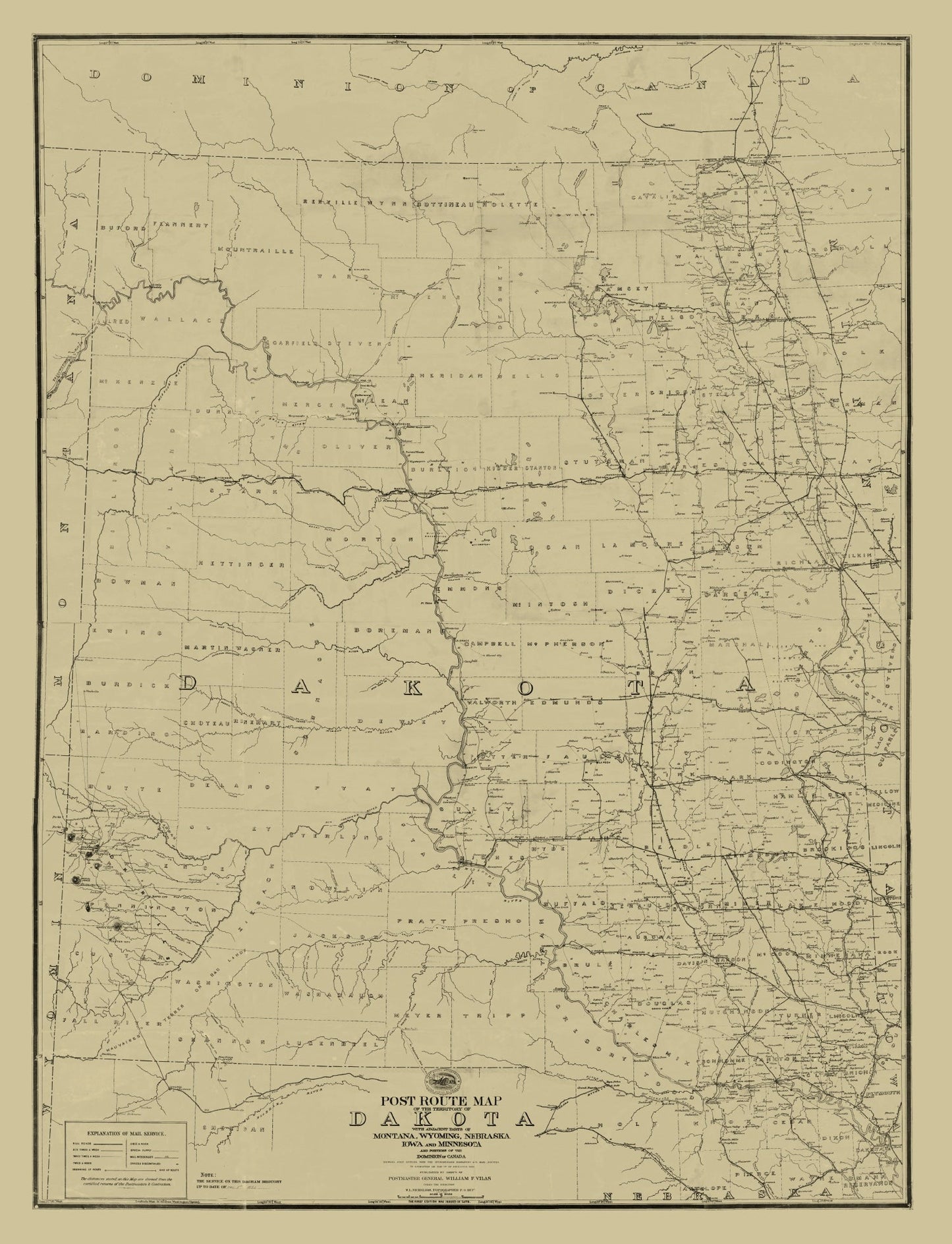 Vintage Post Route Map of Dakota Territory, 1885