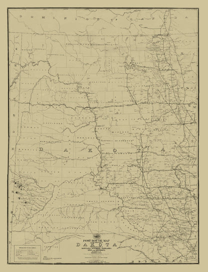 Vintage Post Route Map of Dakota Territory, 1885