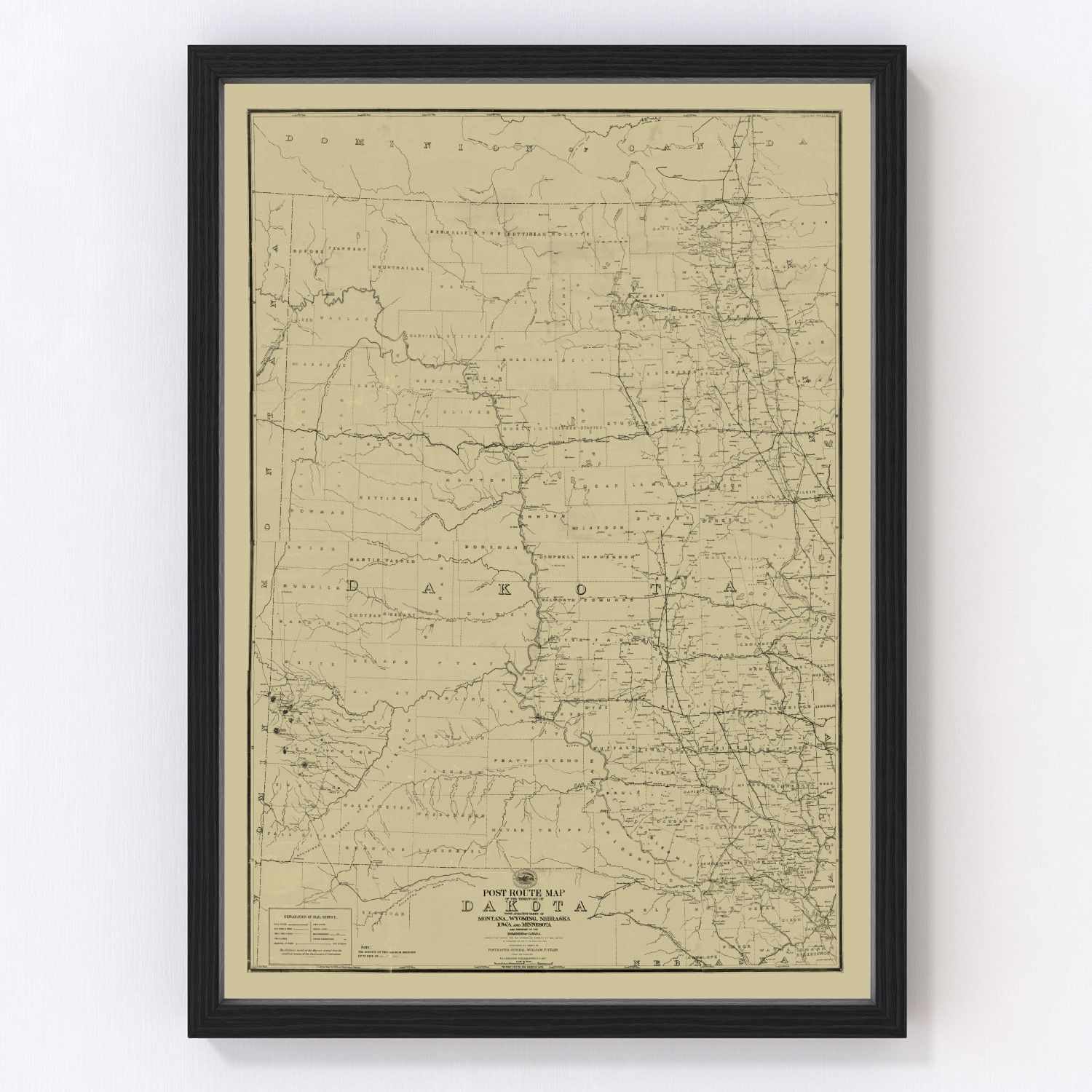 Vintage 1885 post route map of Dakota Territory before statehood, restored cartographic print