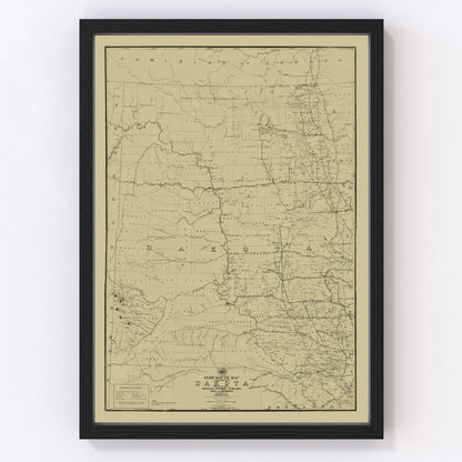 Vintage 1885 post route map of Dakota Territory before statehood, restored cartographic print