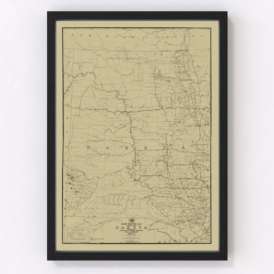 Vintage 1885 post route map of Dakota Territory before statehood, restored cartographic print
