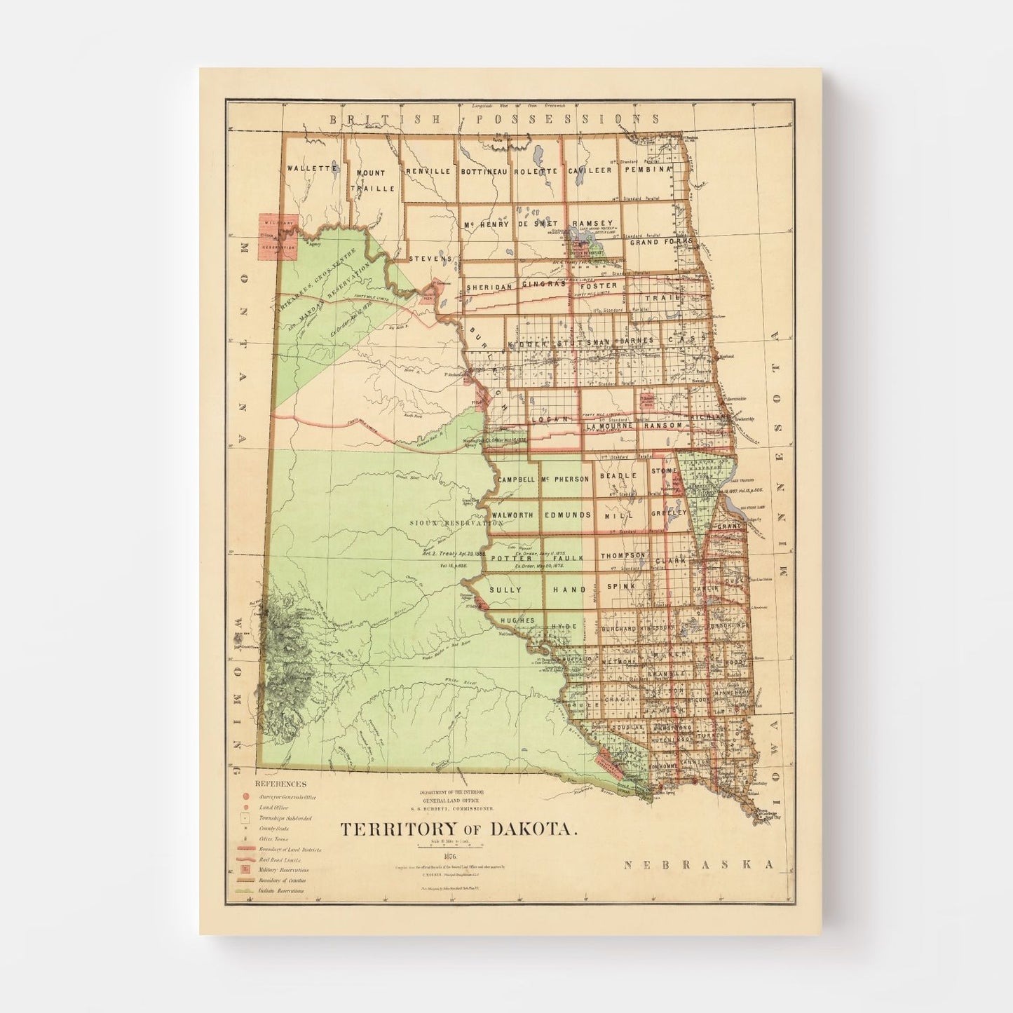 Vintage 1876 Dakota Territory Historic Map