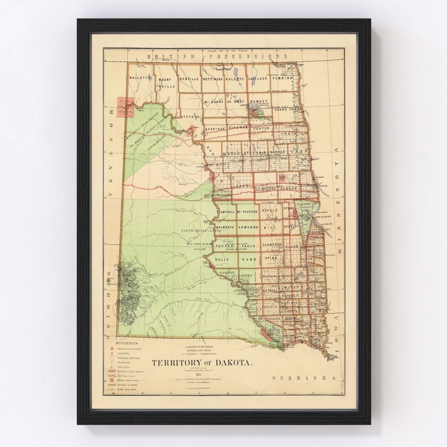 Vintage map of Dakota Territory, 1876, digitally restored wall art print
