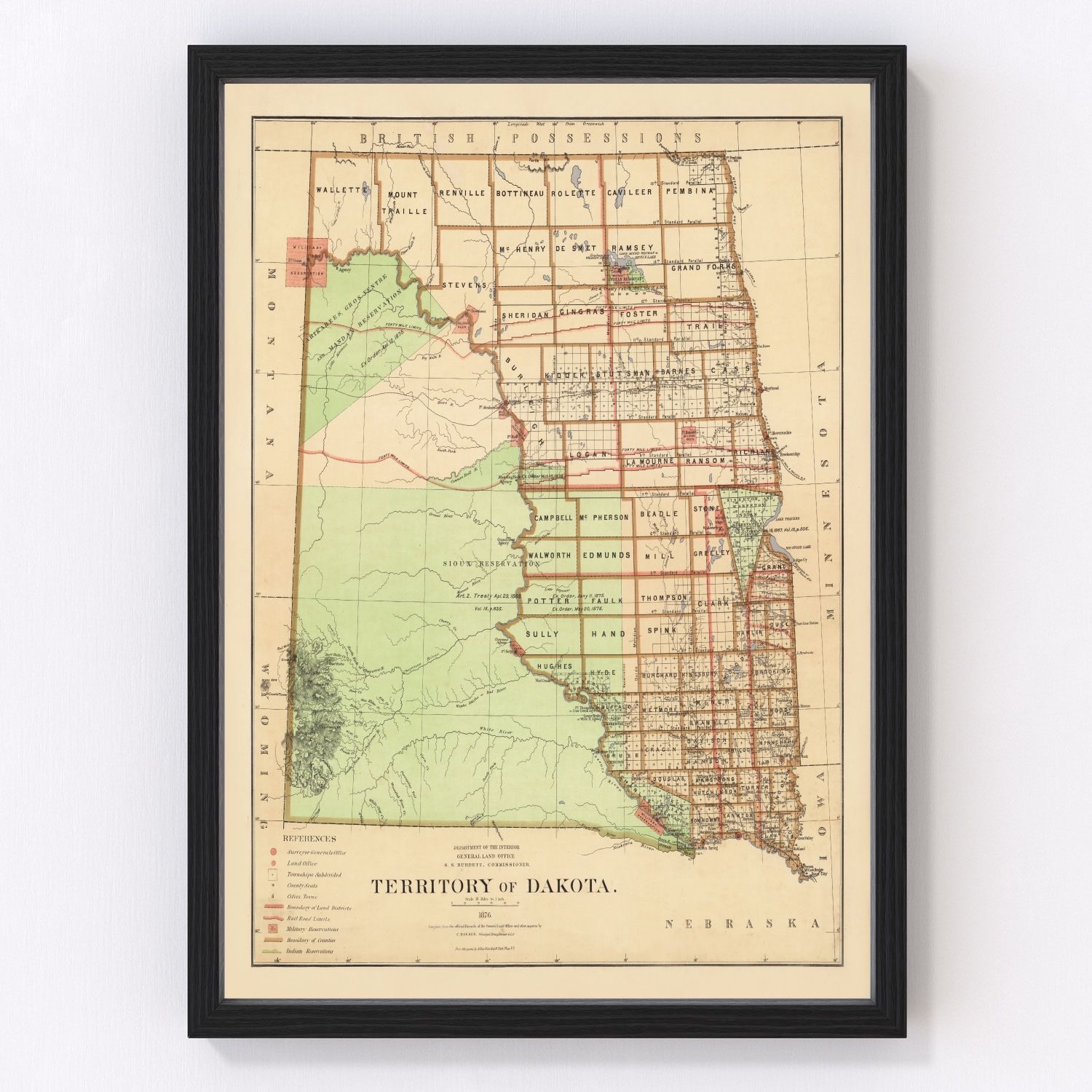 Vintage map of Dakota Territory, 1876, digitally restored wall art print