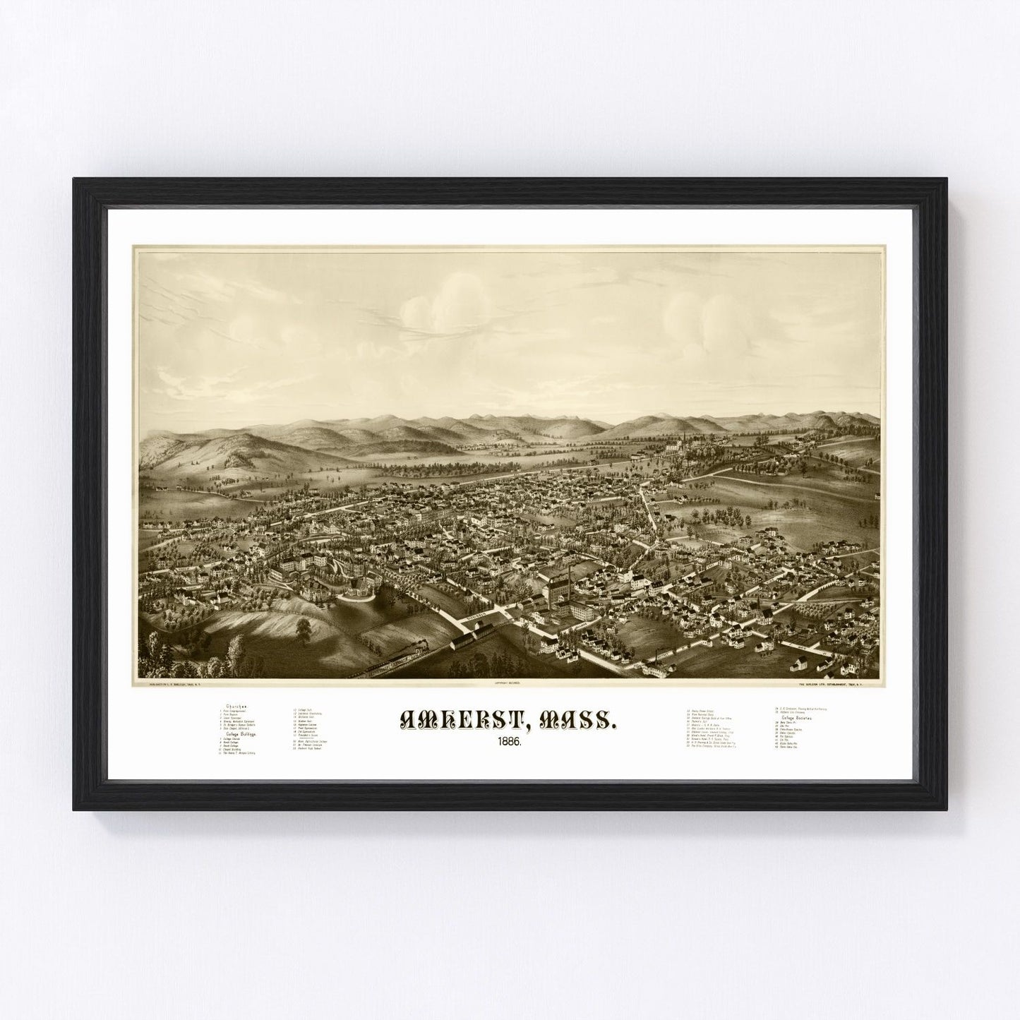 Vintage map of Amherst, Massachusetts, 1886 - restored print