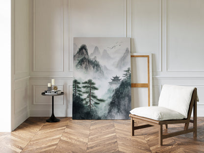 Misty Mountain Zen Wall Art Print - Chinese Ink Landscape
