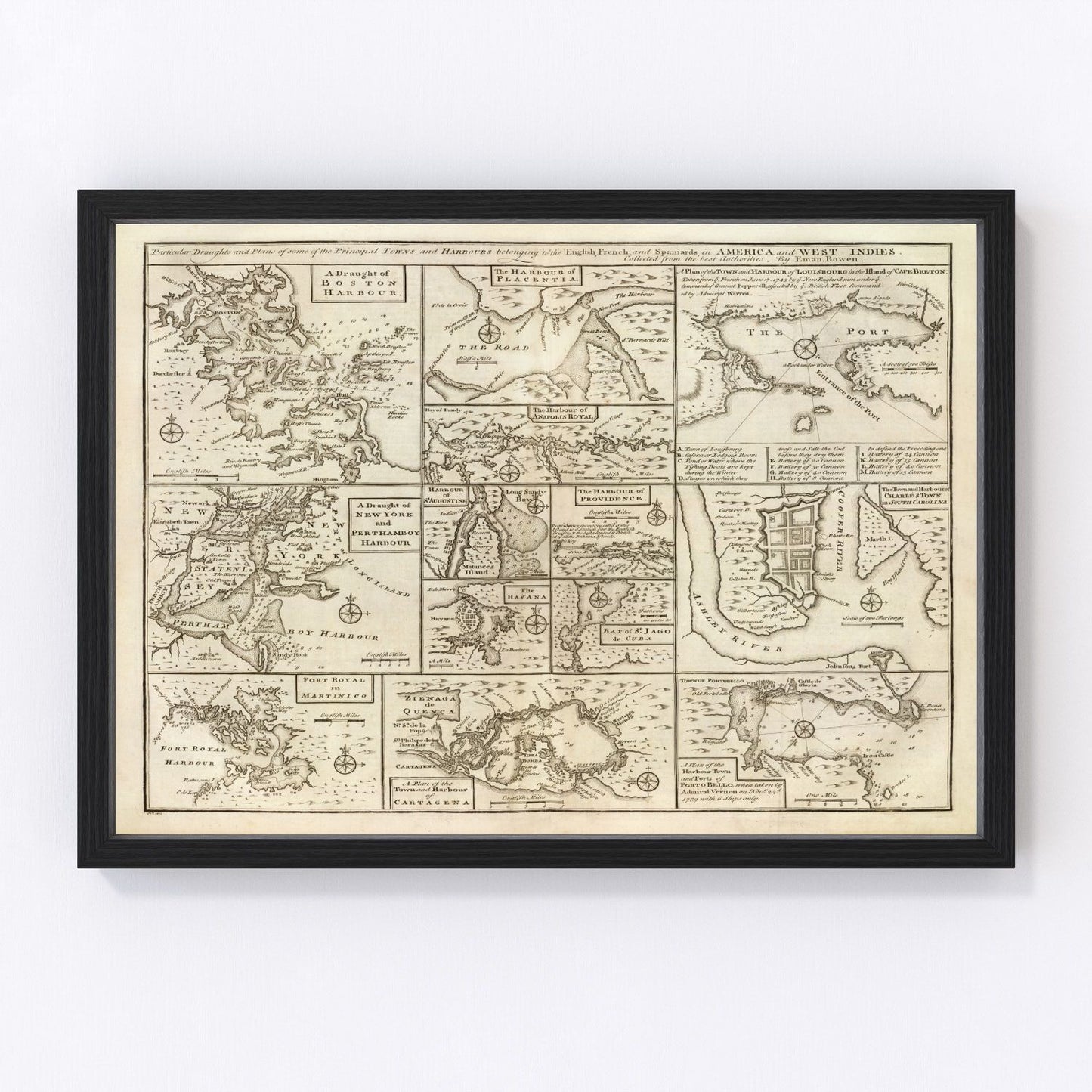 Vintage map of Boston Massachusetts 1747, pre-Revolutionary era restored print