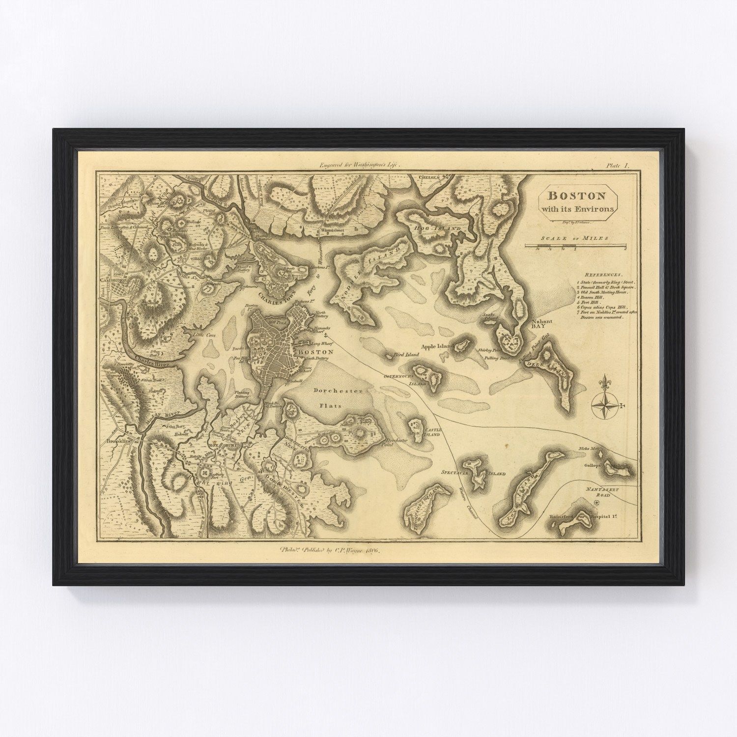 vintage map of Boston Massachusetts 1807, restored print wall art
