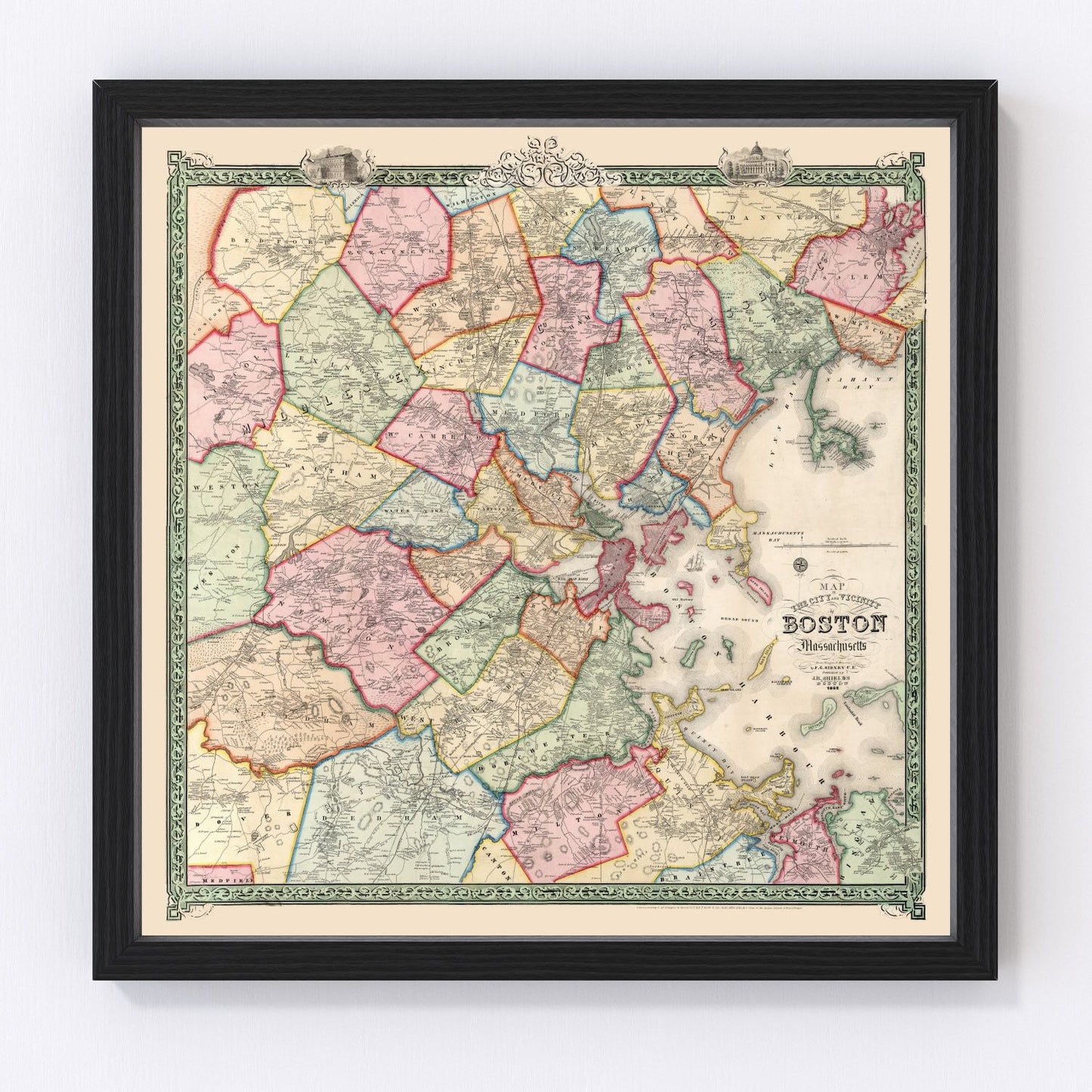 vintage map of Boston Massachusetts 1852, restored print wall art