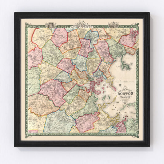 vintage map of Boston Massachusetts 1852, restored print wall art