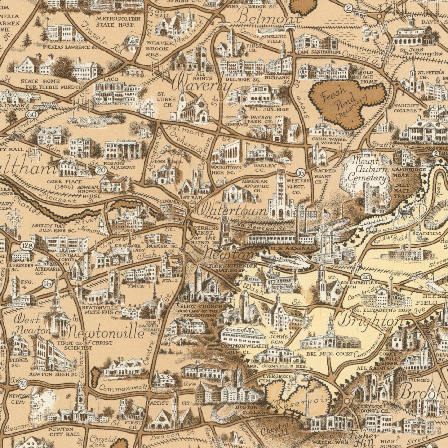 Vintage Map of Boston, Massachusetts 1938 Wall Art