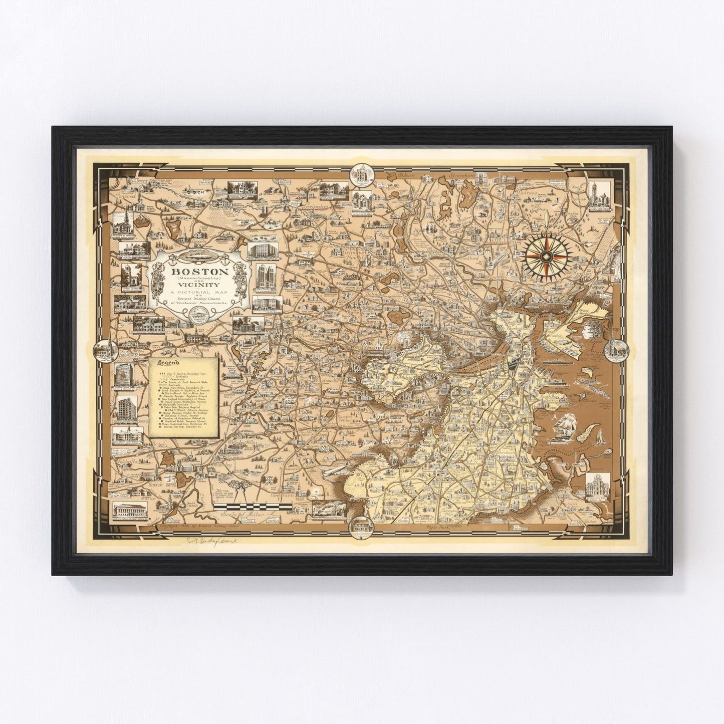 Vintage map of Boston Massachusetts 1938, digitally restored print