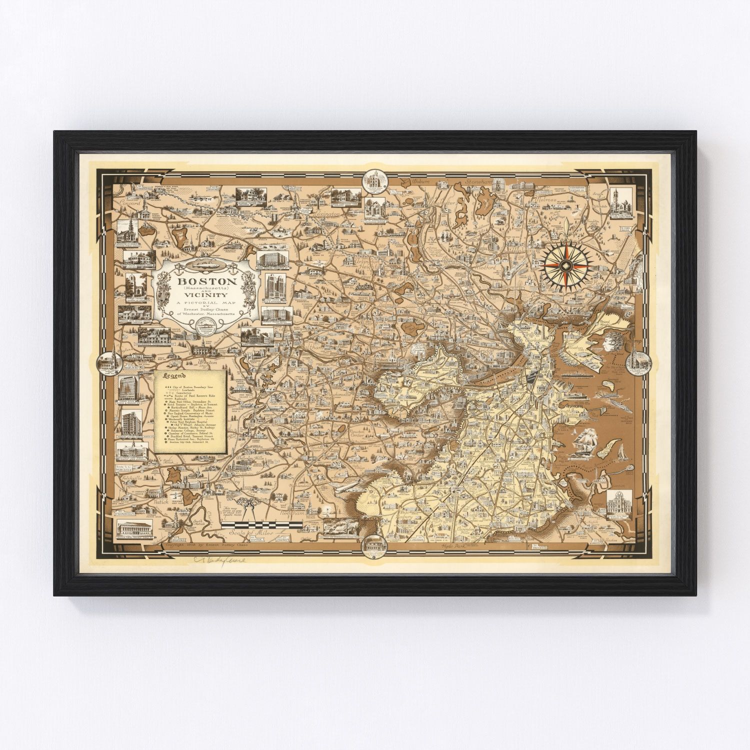 Vintage map of Boston Massachusetts 1938, digitally restored print