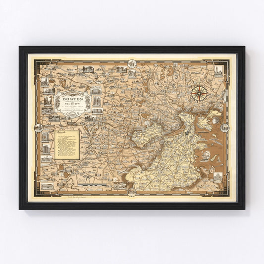 Vintage map of Boston Massachusetts 1938, digitally restored print
