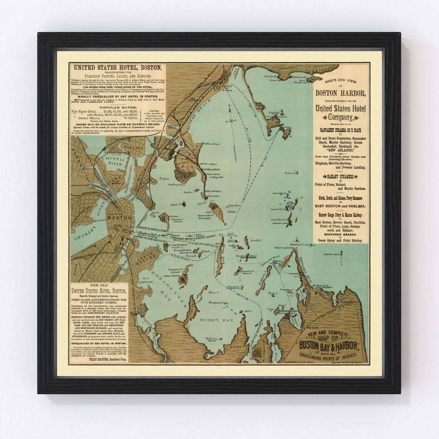 vintage map of Boston Massachusetts 1884, restored print wall art