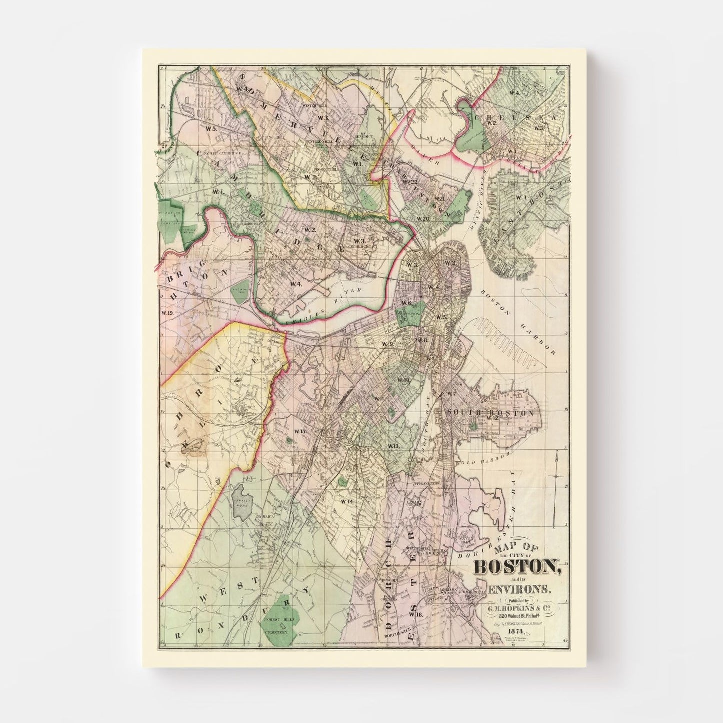Vintage Map of Boston, Massachusetts 1874