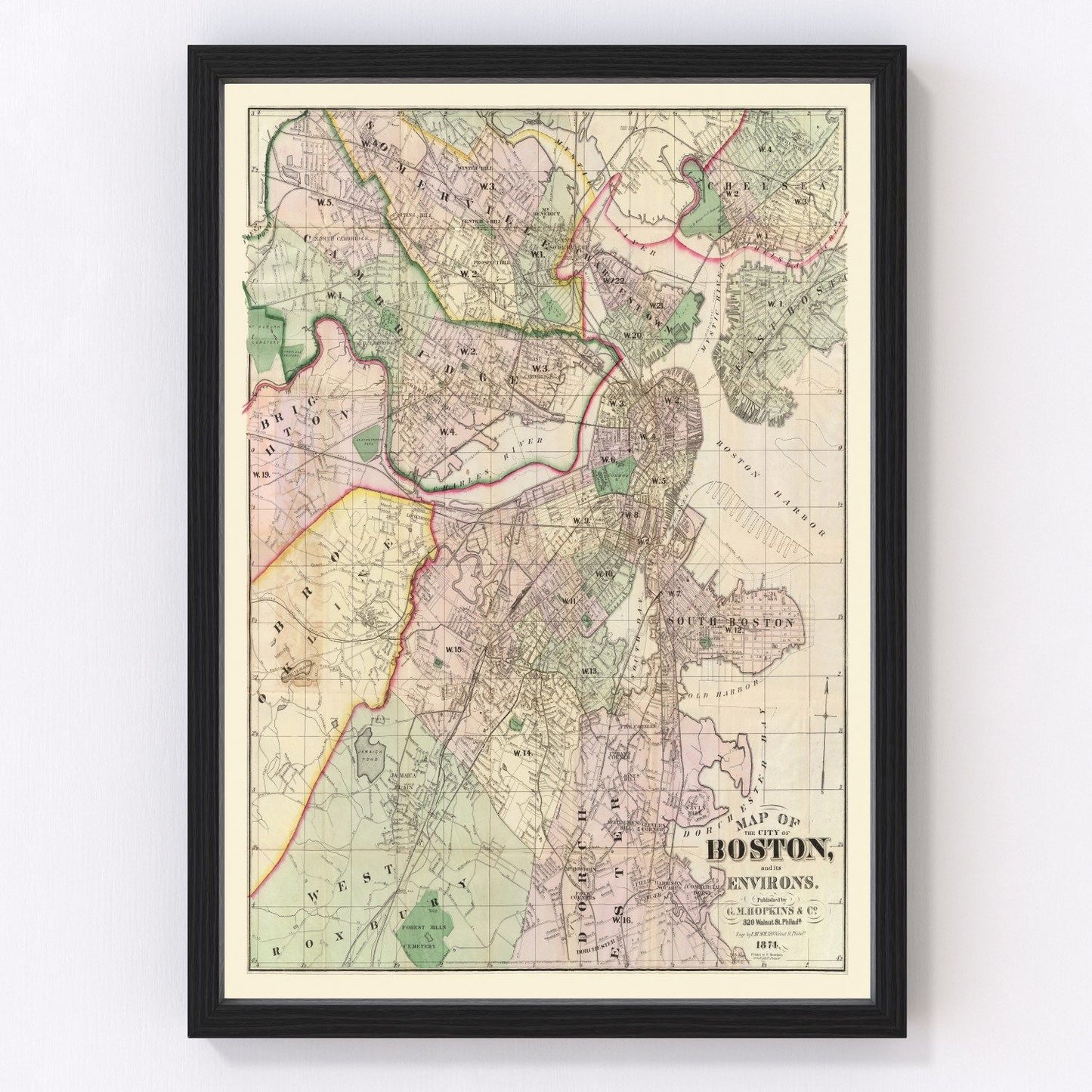 vintage map of Boston Massachusetts 1874, restored print wall art
