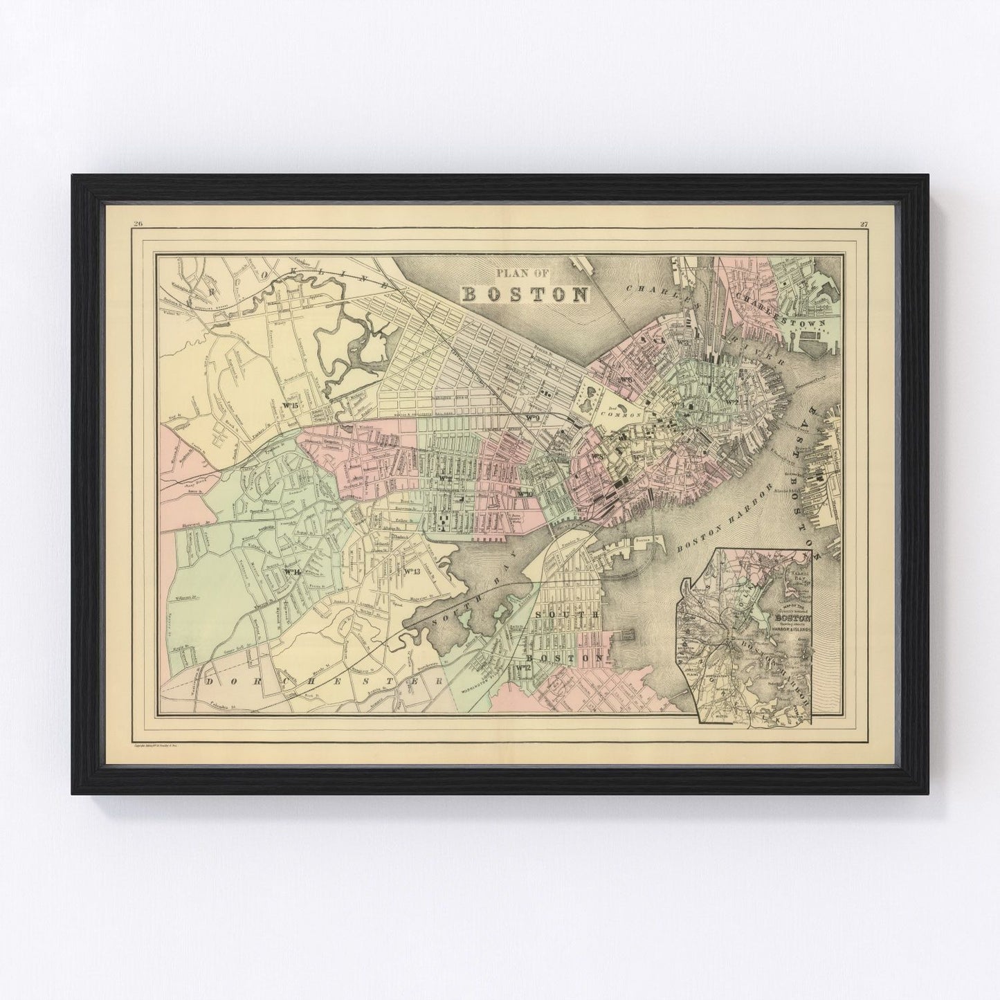 vintage map of Boston Massachusetts 1886, restored print wall art