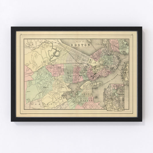 vintage map of Boston Massachusetts 1886, restored print wall art