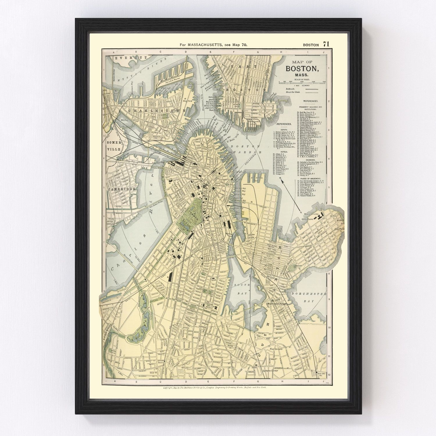 vintage map of Boston Massachusetts 1891, restored print wall art