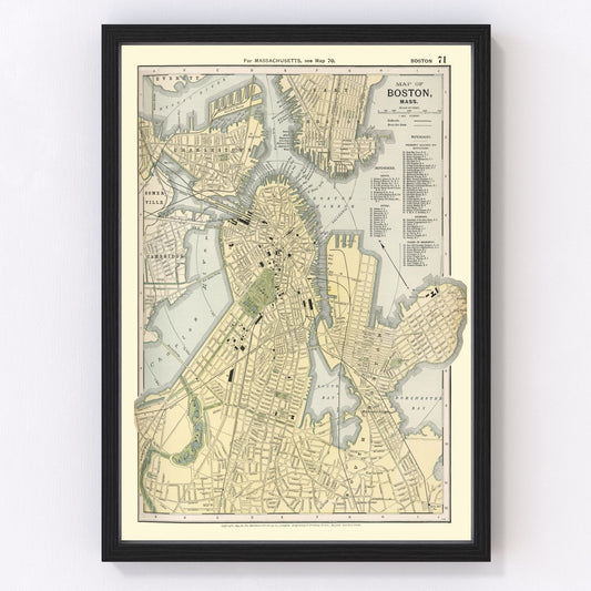 vintage map of Boston Massachusetts 1891, restored print wall art