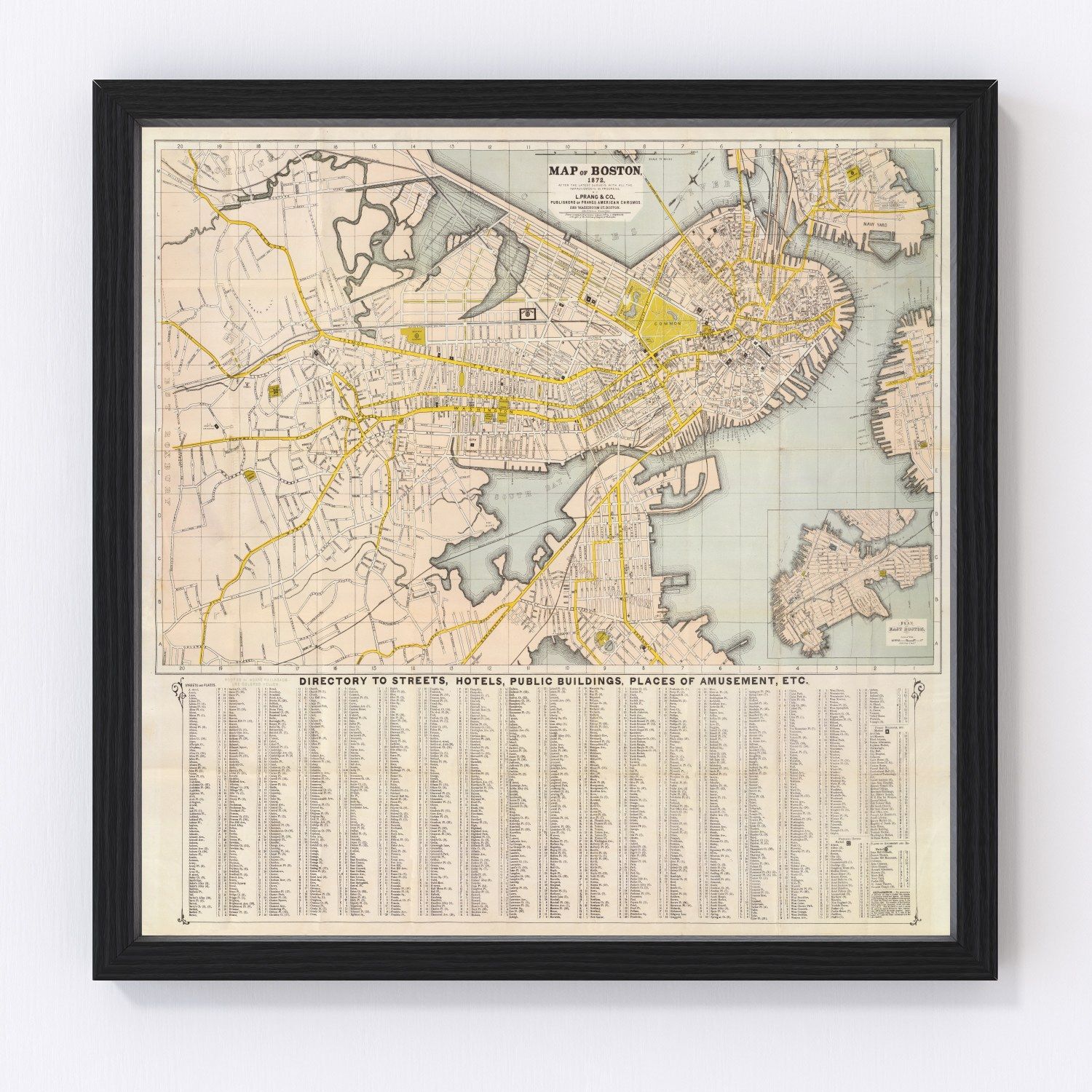 vintage map of Boston Massachusetts 1872, restored print wall art