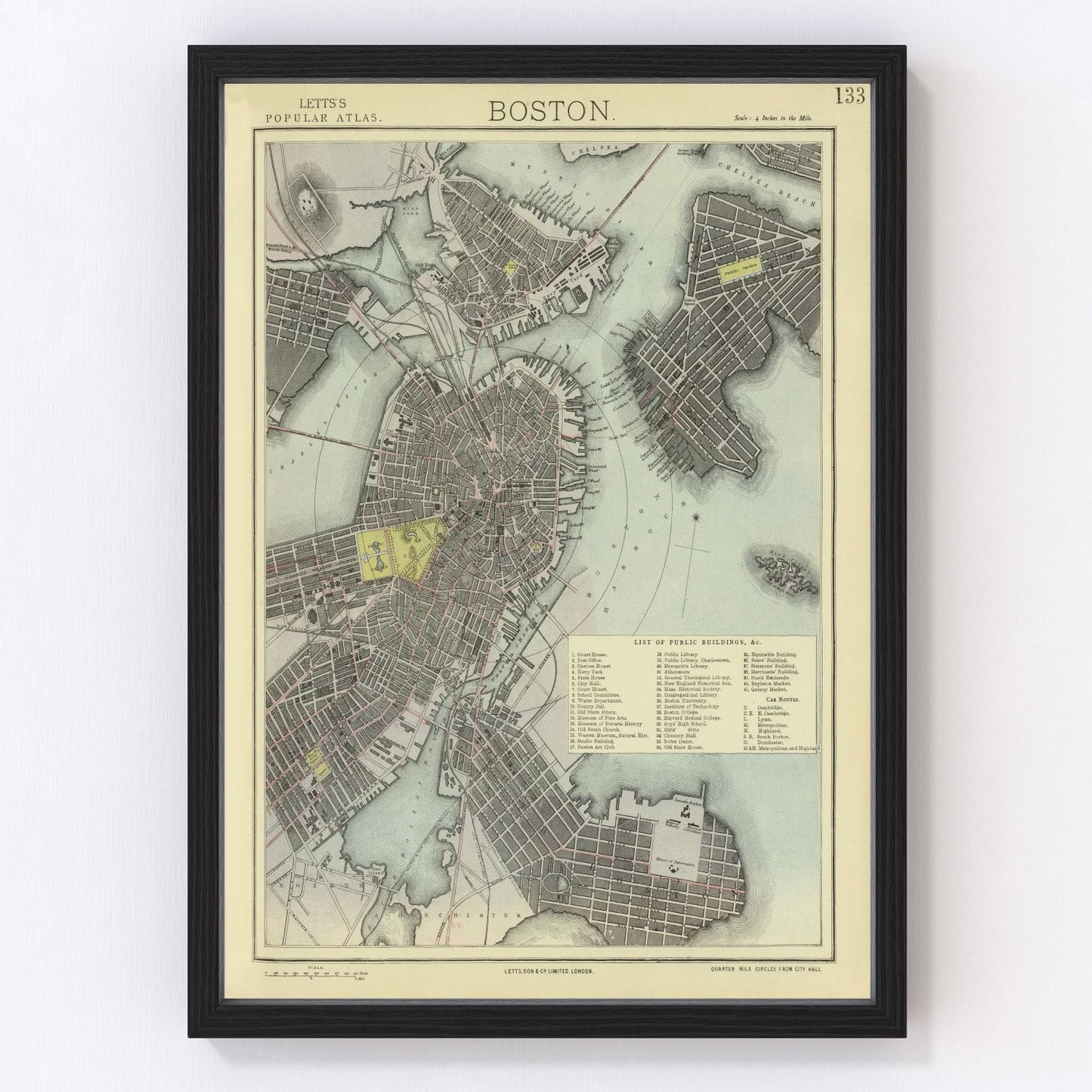 vintage map of Boston Massachusetts 1883, restored print wall art